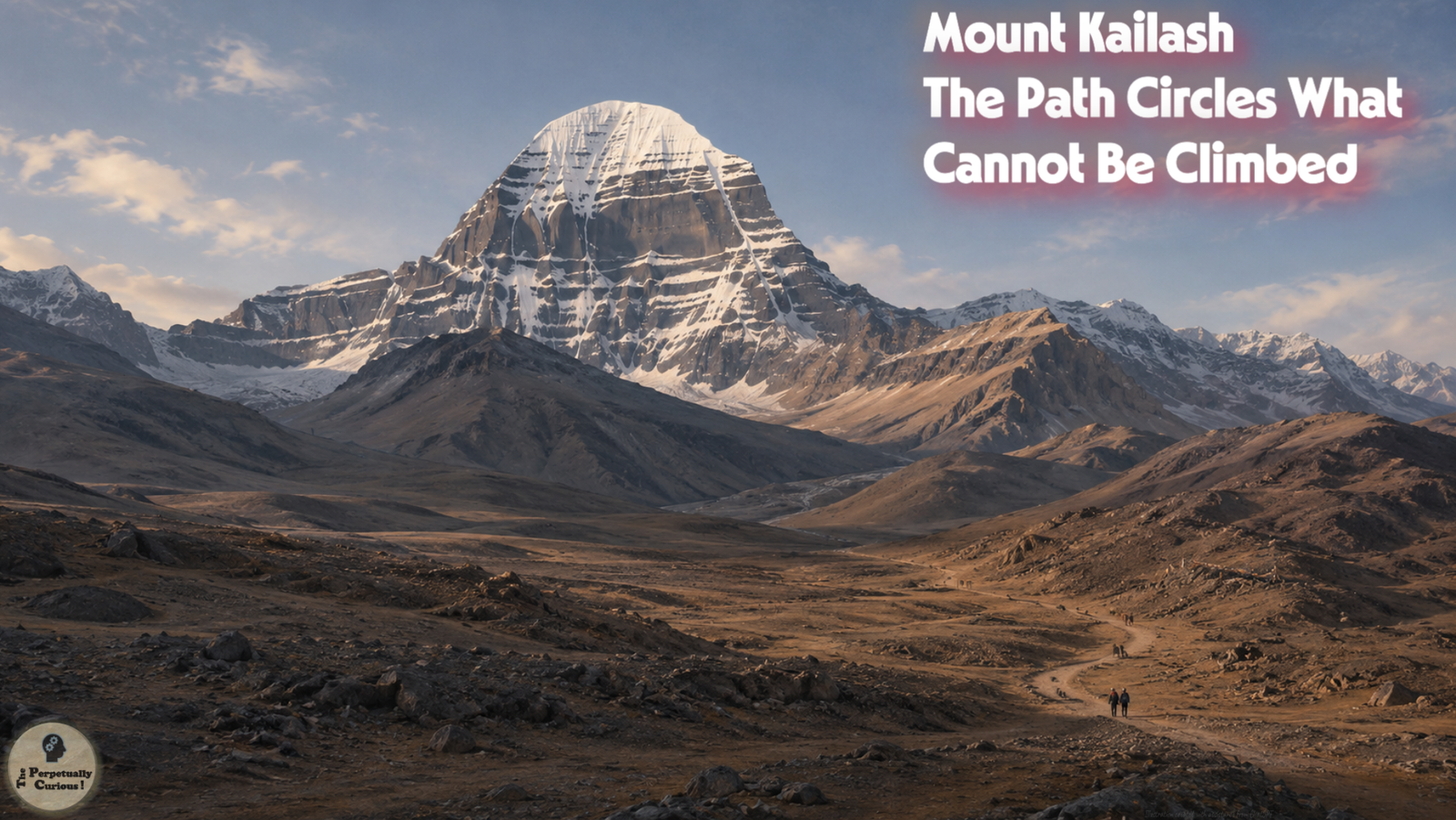 Rendering of the Kailash Kora landscape, with Mount Kailash above a rugged plateau trail and small distant walkers beneath snowfields and dark rock faces.