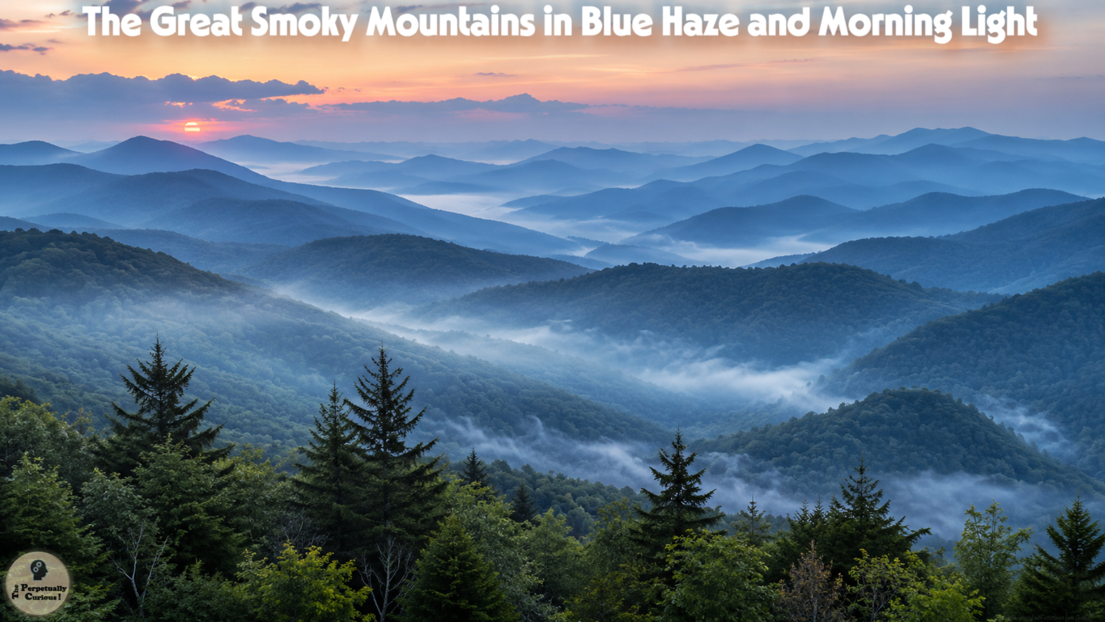 Photorealistic view of layered Great Smoky Mountains ridges at dawn, with blue haze, mist-filled valleys, forested slopes, and soft morning light.