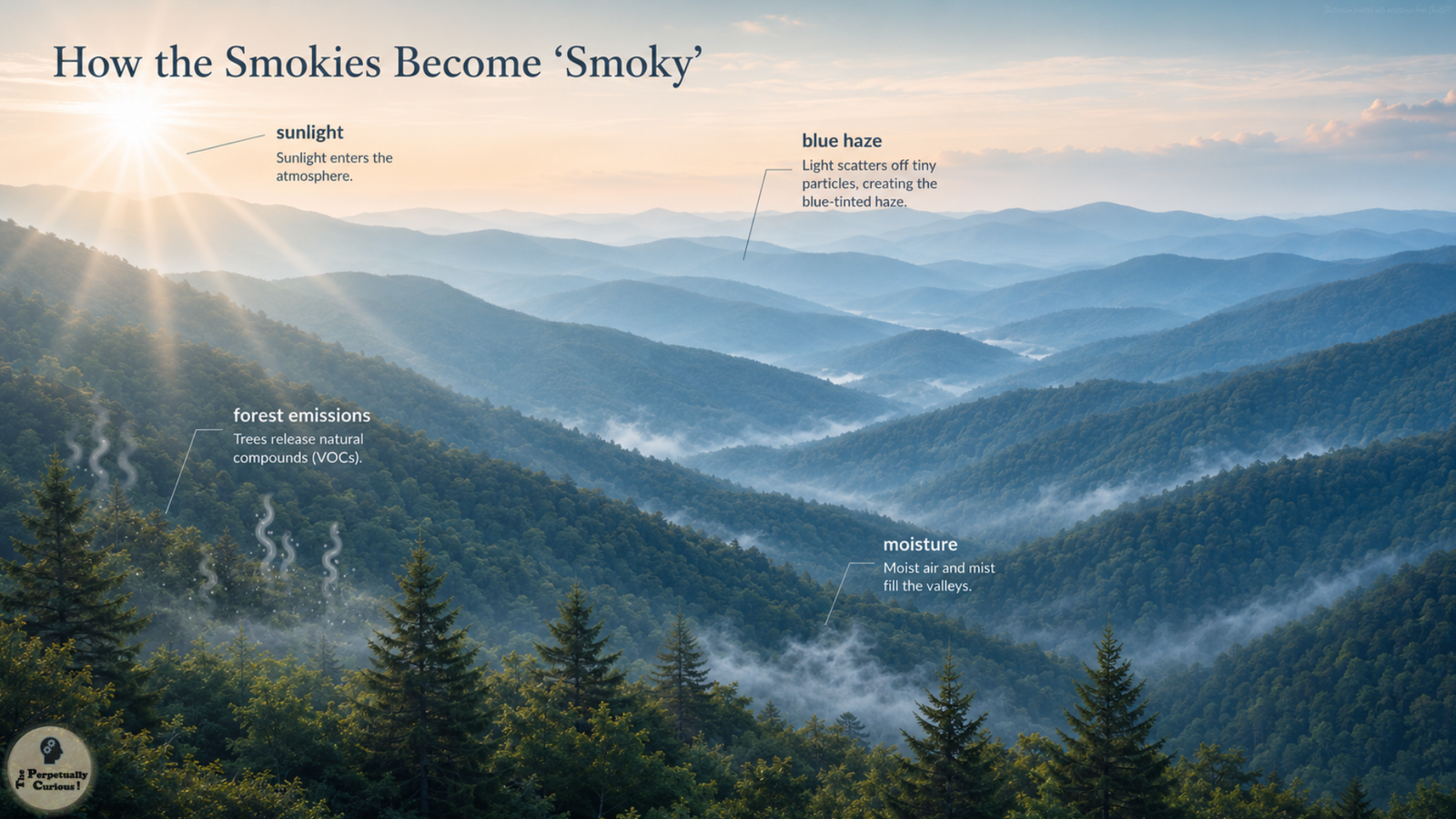 Annotated landscape rendering of the Great Smoky Mountains showing sunlight, forest VOC emissions, valley moisture, and blue haze over layered ridges.