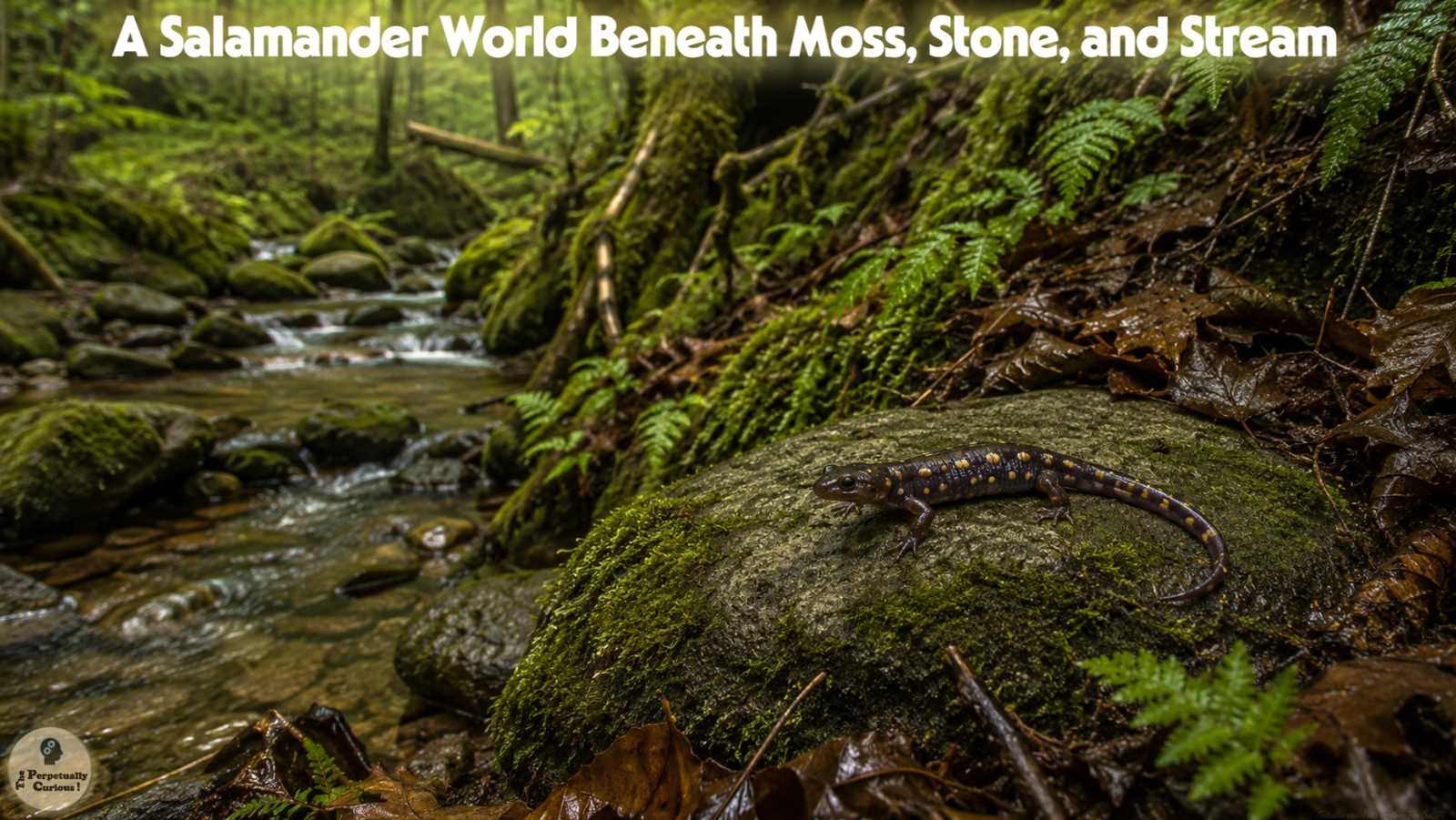 Wildlife close-up rendering of a salamander with yellow markings on a moss-covered rock beside a shaded forest stream, surrounded by wet leaves, ferns, and damp woodland soil.