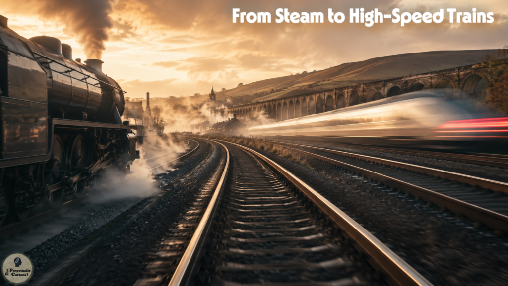 Photorealistic view of a steam locomotive beside curving steel tracks as a blurred high-speed train passes through golden mist, linking historic rail power with modern speed.