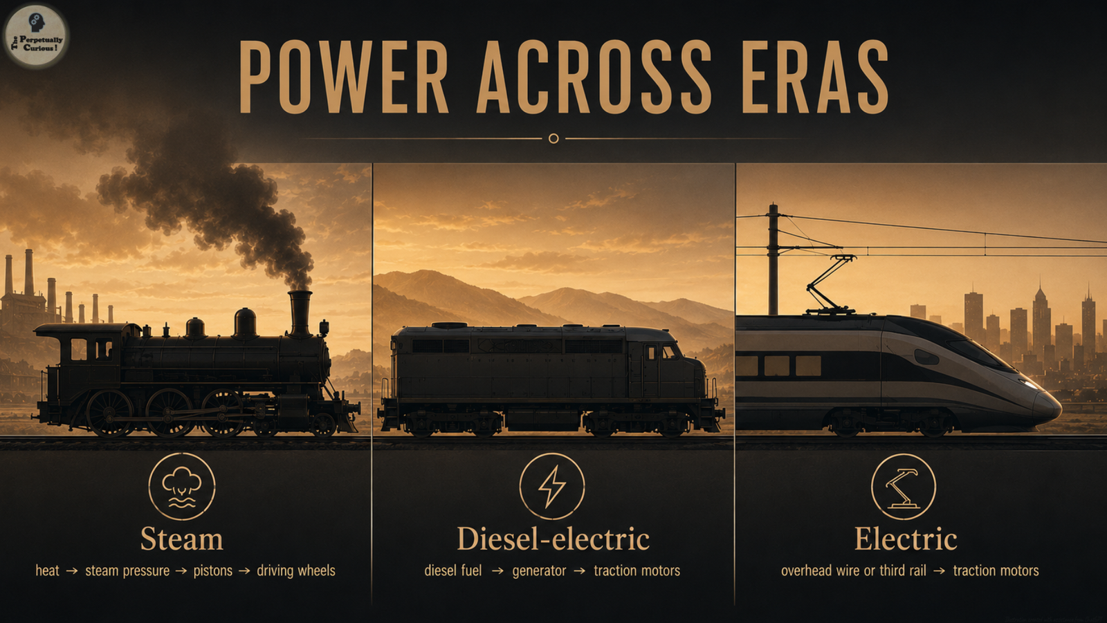 Illustration showing three train power systems in sequence: steam, diesel-electric, and electric, with simple labels explaining how each system transfers power to motion.