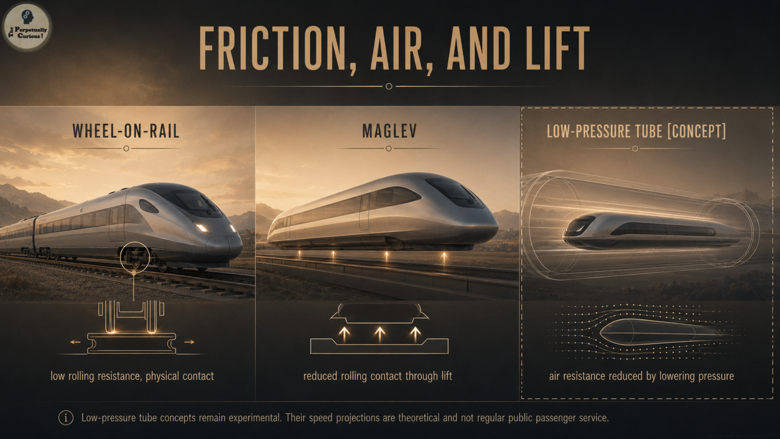 Rendering comparing wheel-on-rail trains, maglev trains, and low-pressure tube concepts through physical contact, magnetic lift, and reduced air resistance.