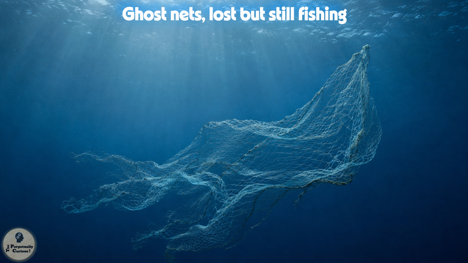 Photorealistic view of a translucent ghost net drifting alone in deep blue water, with soft sunlight filtering from the ocean surface above.