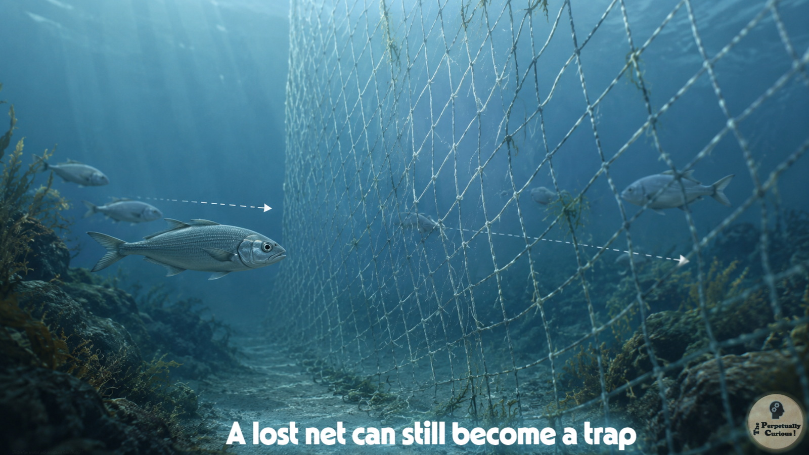 Concept illustration of a lost fishing net forming a mesh barrier across an underwater fish pathway, showing how ghost fishing can continue after gear is lost.