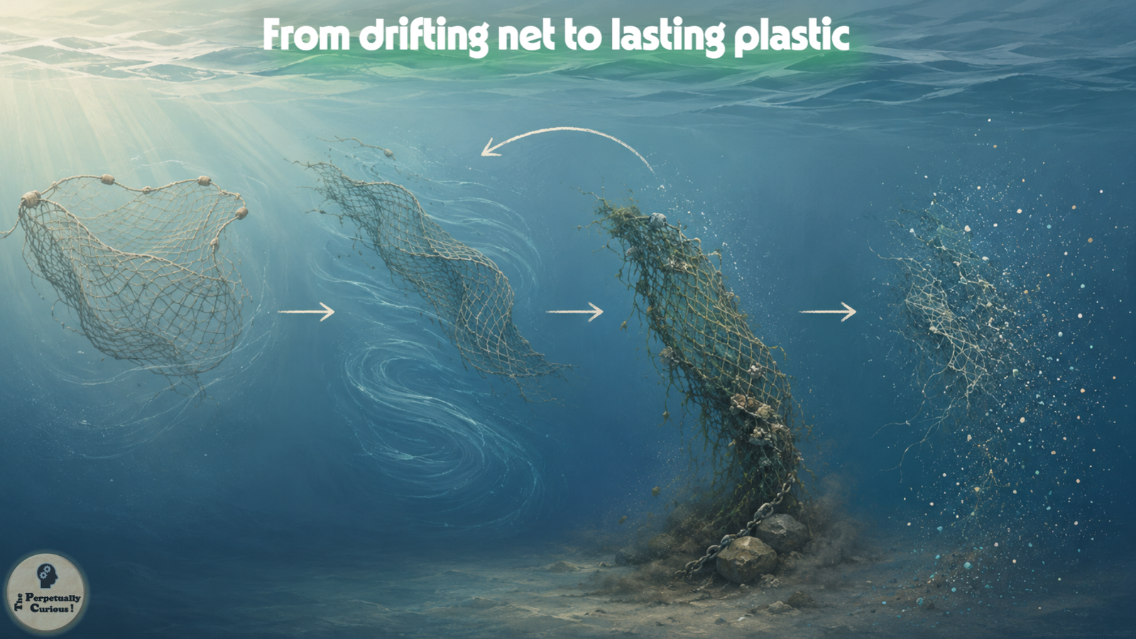Systems illustration showing a ghost net drifting, sinking with biofouling, returning toward circulation, and fragmenting into smaller plastic particles.
