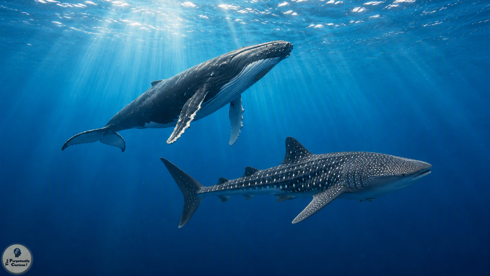 Photorealistic view of a humpback whale swimming above a spotted whale shark in clear blue water, with the whale’s horizontal flukes and the shark’s upright caudal fin visible.