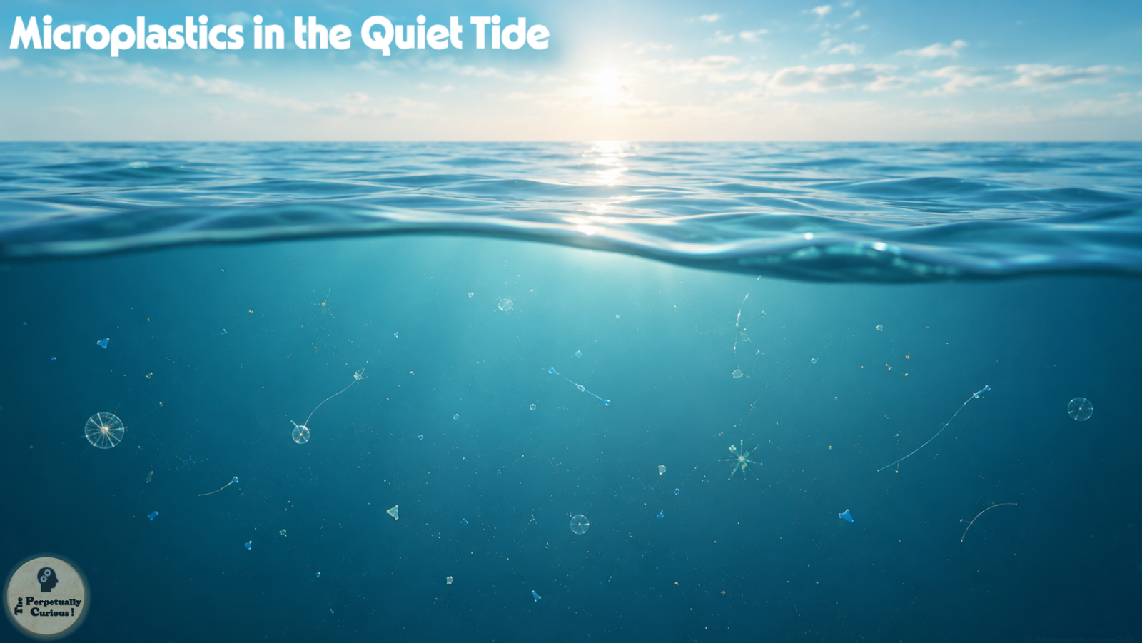 Illustration of a closed-loop microplastic pathway linking land runoff, ocean transport, marine organisms, food-web movement, sea spray, and human exposure through seafood, salt, water, and air.