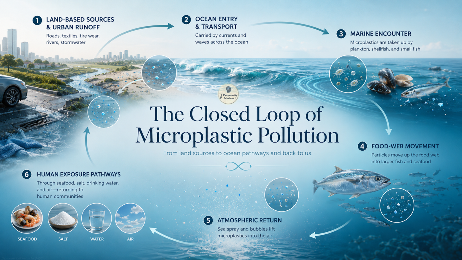Photorealistic view of a calm split-level ocean surface with filtered sunlight and sparse translucent microplastic flecks and fibers suspended below the waterline.