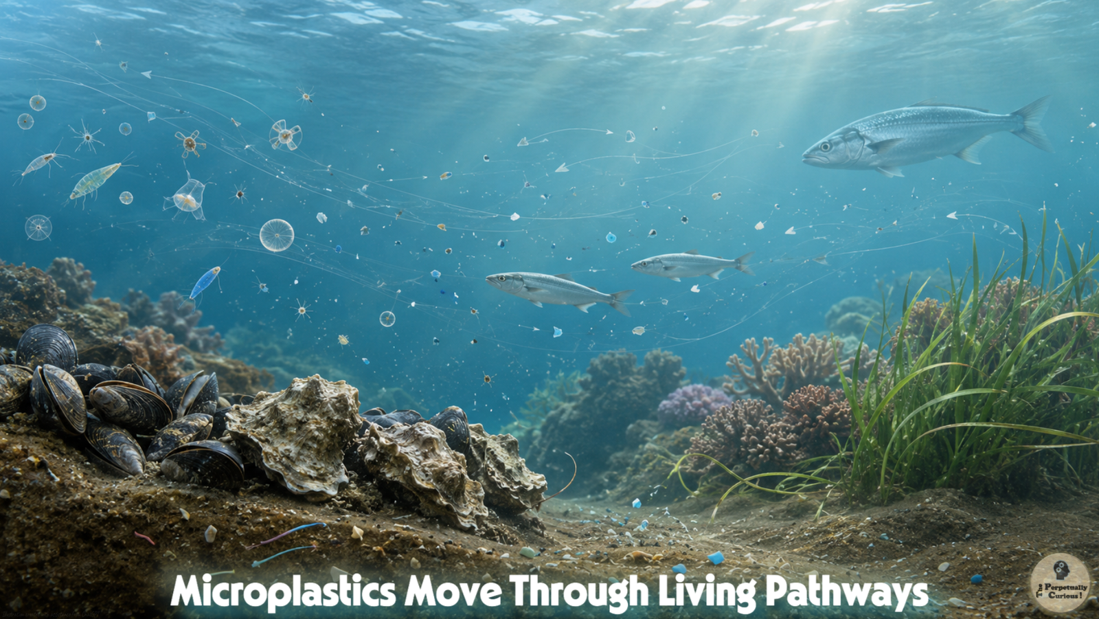Rendering of an underwater marine habitat with plankton, shellfish, seagrass, coral, fish, sediment, and small microplastic particles drifting through the water.