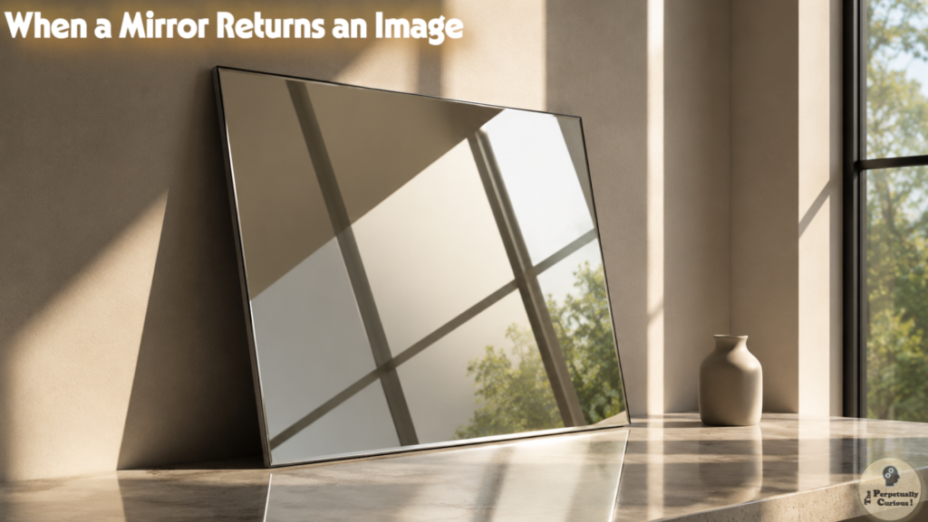 Photorealistic view of a clean mirror reflecting window geometry and soft morning light in a quiet interior.
