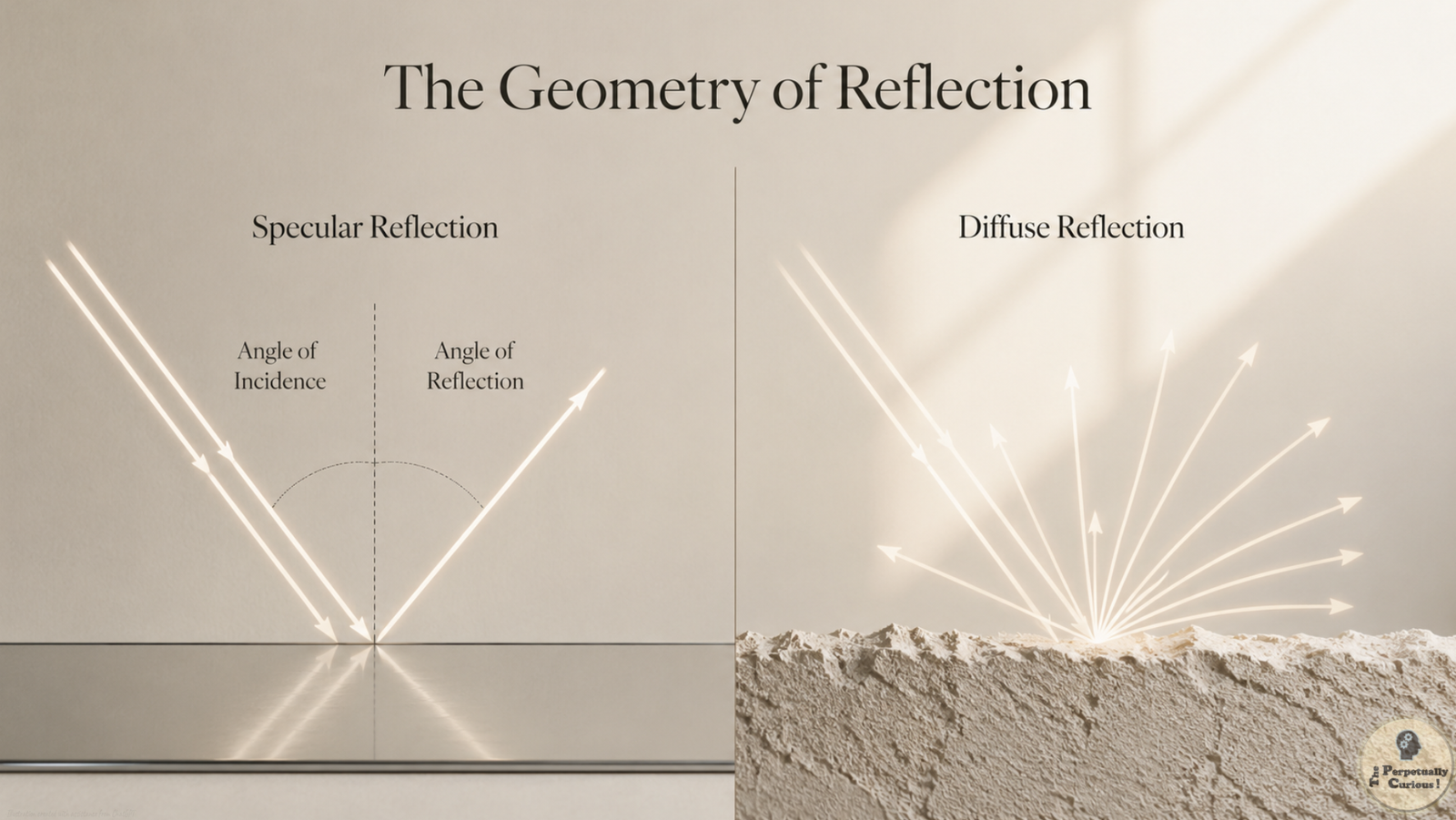 Illustration comparing specular reflection from a smooth surface with diffuse reflection from a rough surface.