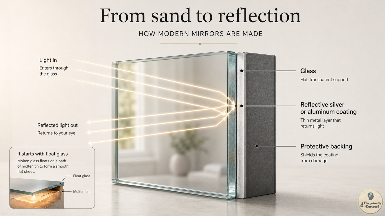 Rendering of a household mirror cross-section showing glass, a silver or aluminum reflective coating, and protective backing.