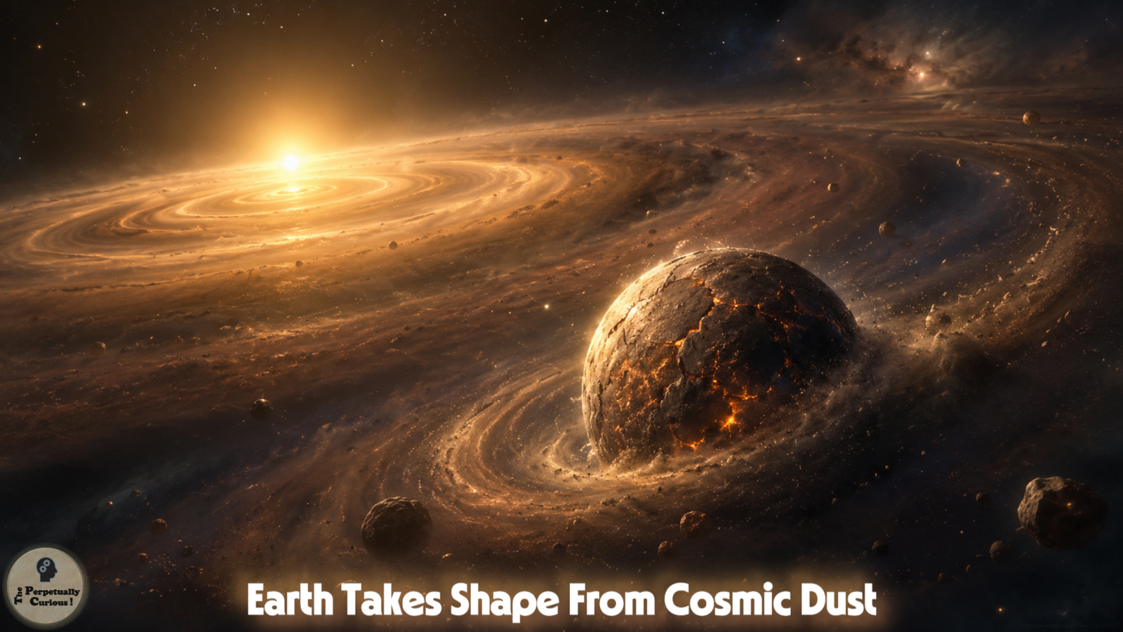 Illustration of proto-Earth forming inside a golden protoplanetary disk around the newborn Sun, with dust, gas, and small rocky bodies nearby.