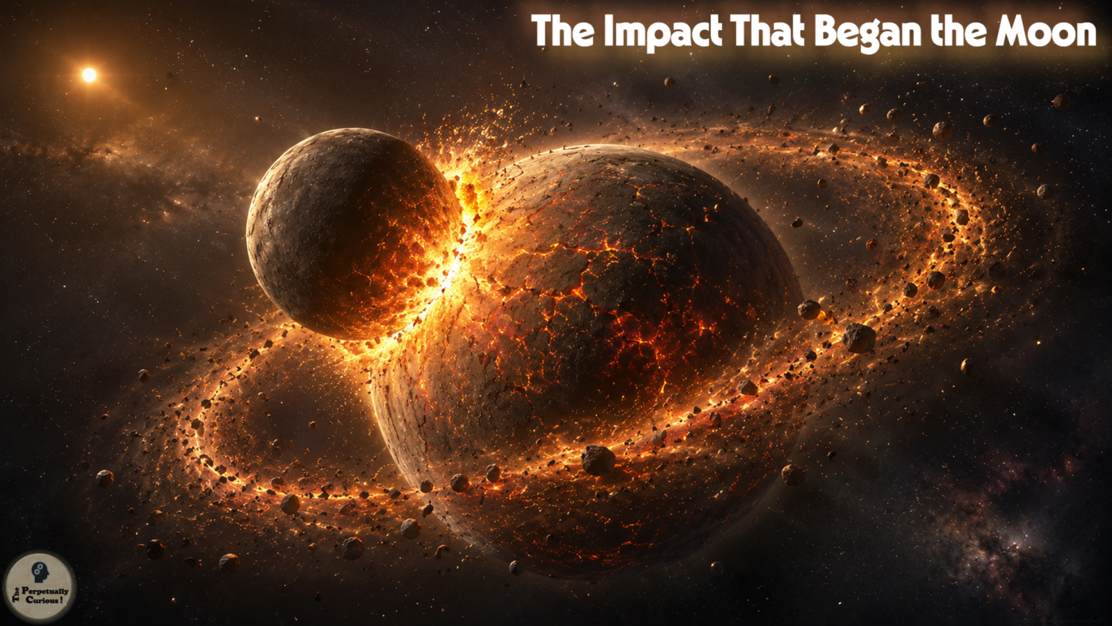 Rendering of a Theia-like protoplanet striking proto-Earth, with molten debris spreading into orbit where the Moon would later form.