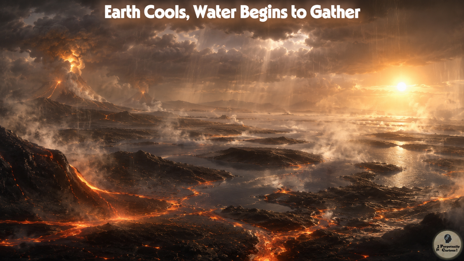 Visualization of early Earth with active volcanoes, molten rock, storm clouds, rain, steam, and water gathering in young surface basins.