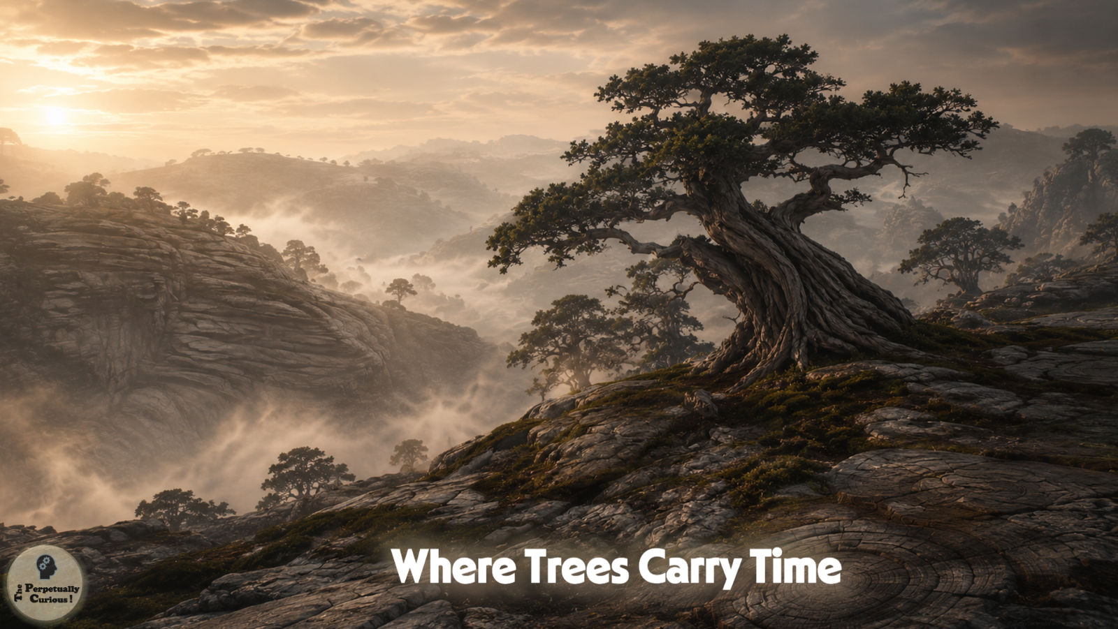 Landscape rendering of an ancient tree among mist, layered rock, distant trees, and subtle ring-like textures suggesting deep time.