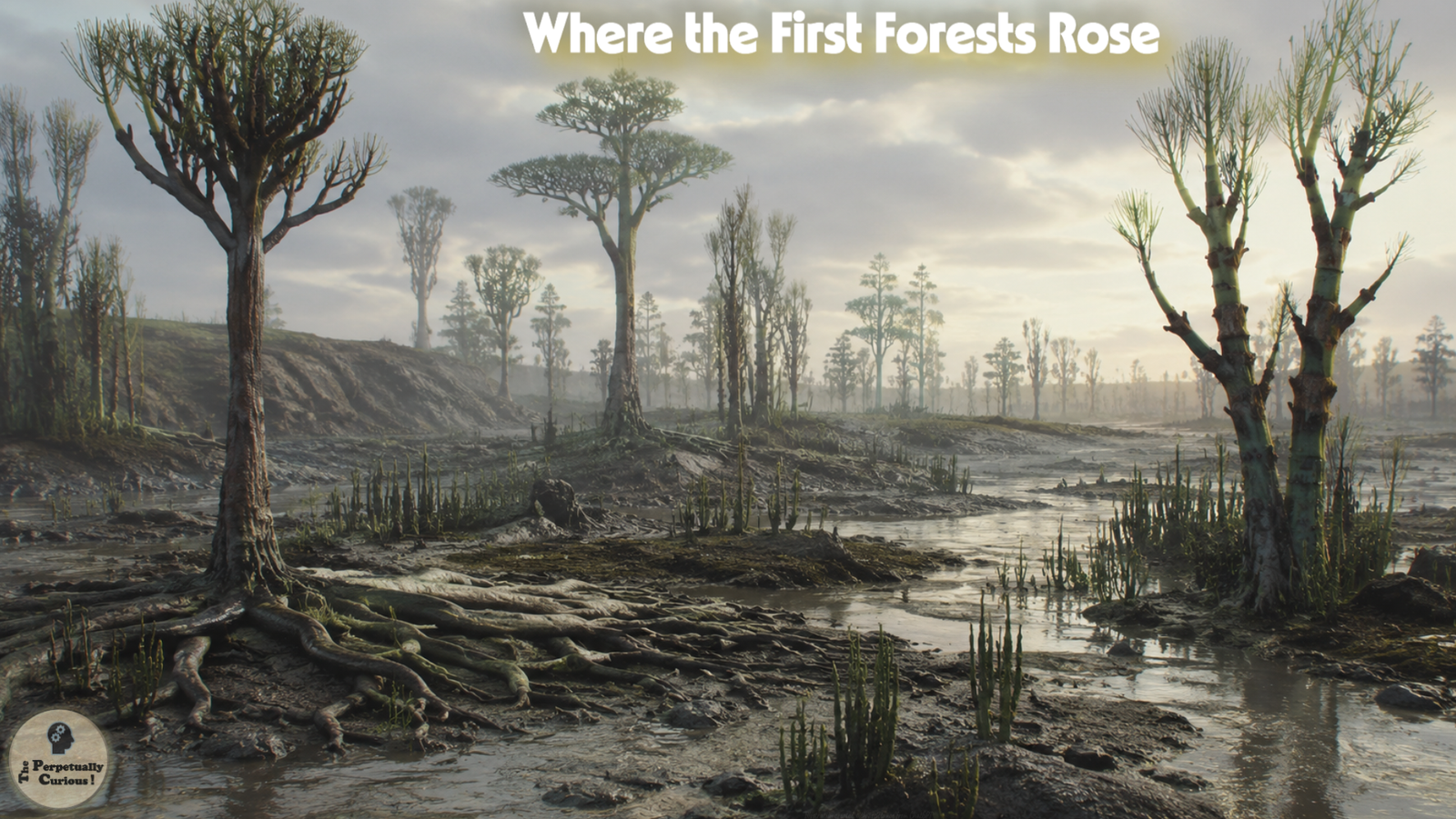 Paleoenvironment rendering of a Devonian wetland with strange tree-like plants, exposed roots, muddy sediment, and sparse early vegetation.