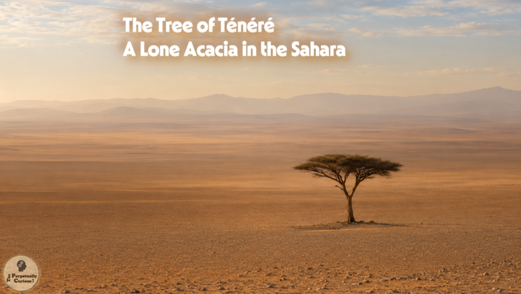 Botanical rendering of a solitary umbrella-shaped acacia standing on a vast Sahara-like desert plain under quiet golden light.