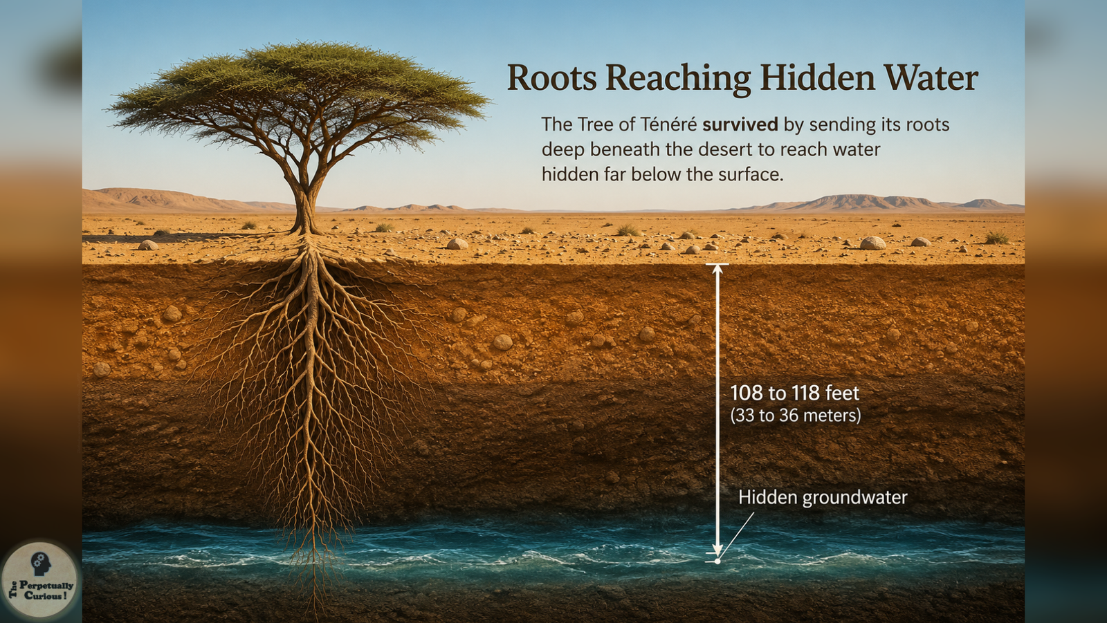 Illustration of a lone acacia with deep roots extending through desert soil to hidden groundwater labeled 108 to 118 feet (33 to 36 meters) below the surface.