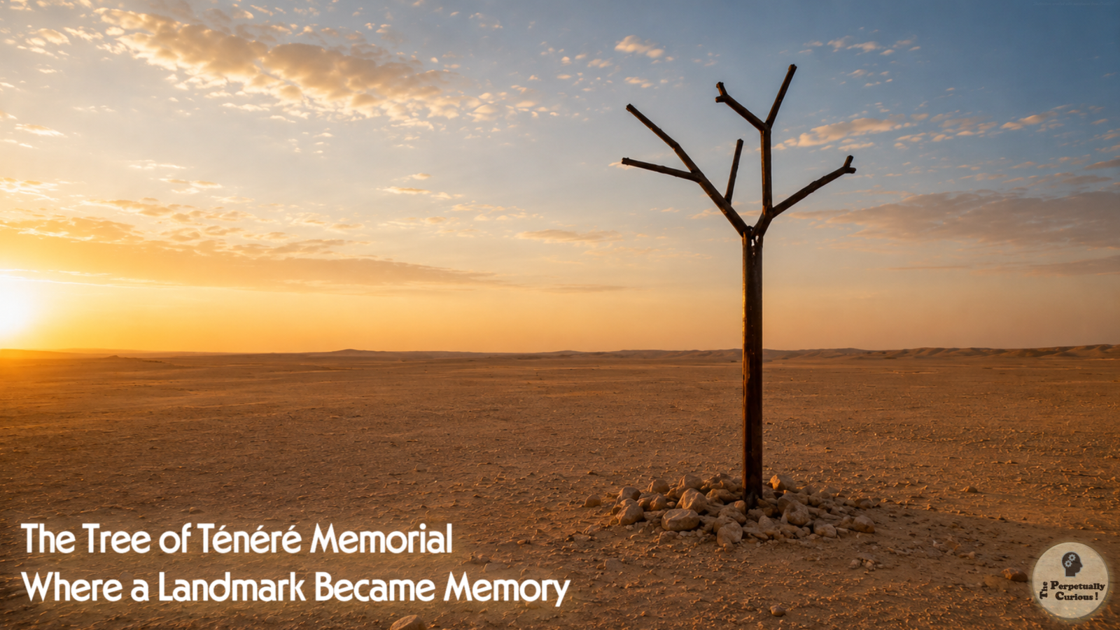 Rendering inspired by a sparse metal tree-like memorial standing alone on a rocky Sahara-like desert plain at sunset.