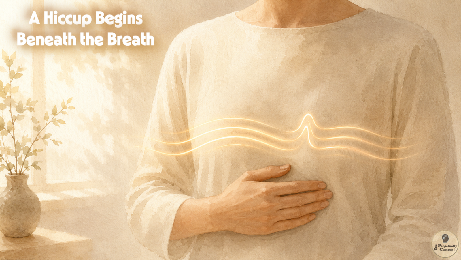 Watercolor illustration of a quiet, non-distressed, faceless person with one hand near the lower ribs, with a soft breath line suggesting the small interruption of a hiccup.