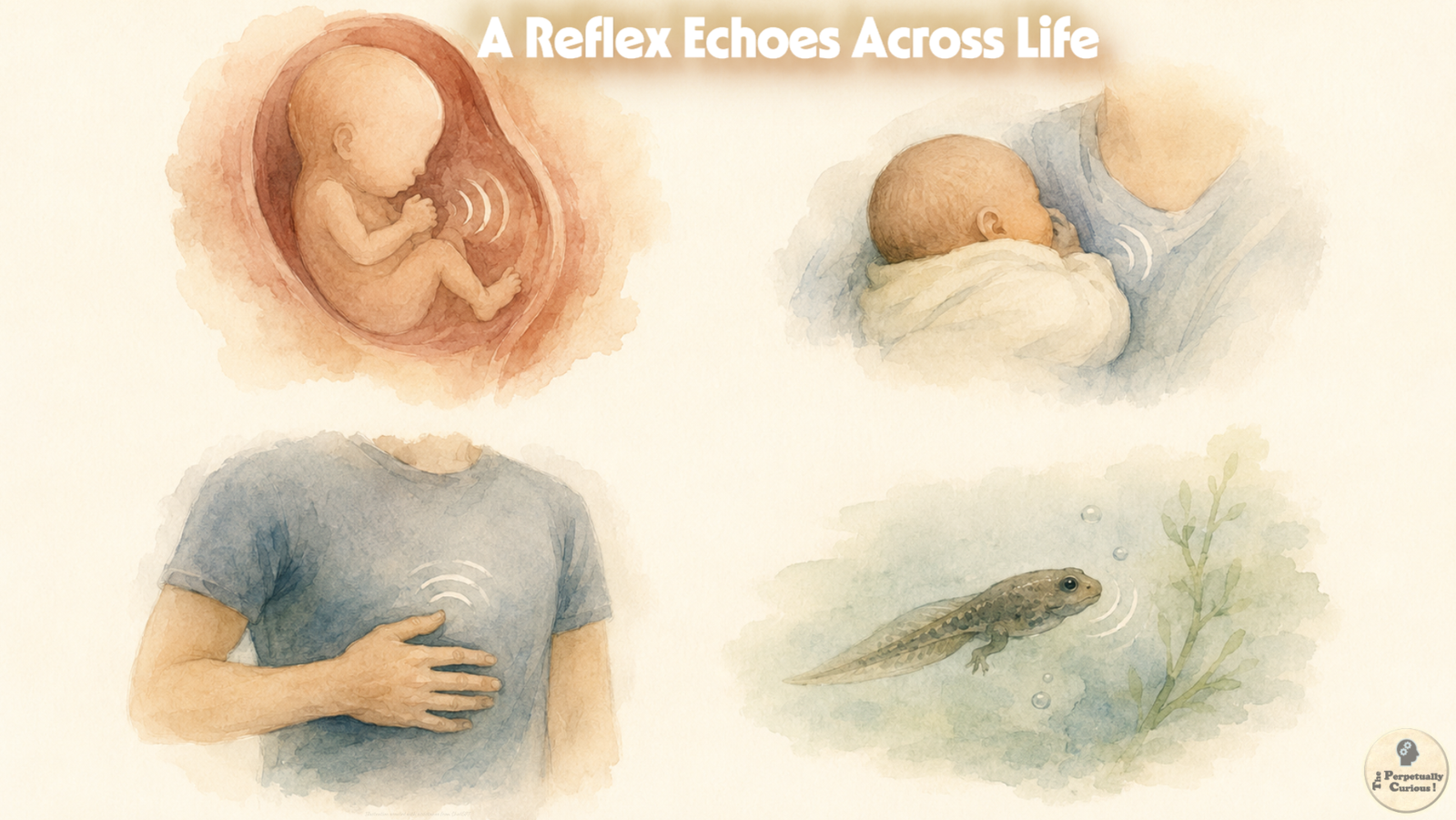 Watercolor vignette showing fetal hiccup-like movement, a newborn resting against the chest, an adult hand near the diaphragm, and a tadpole respiratory echo as conceptual parallels, not a direct evolutionary chain.