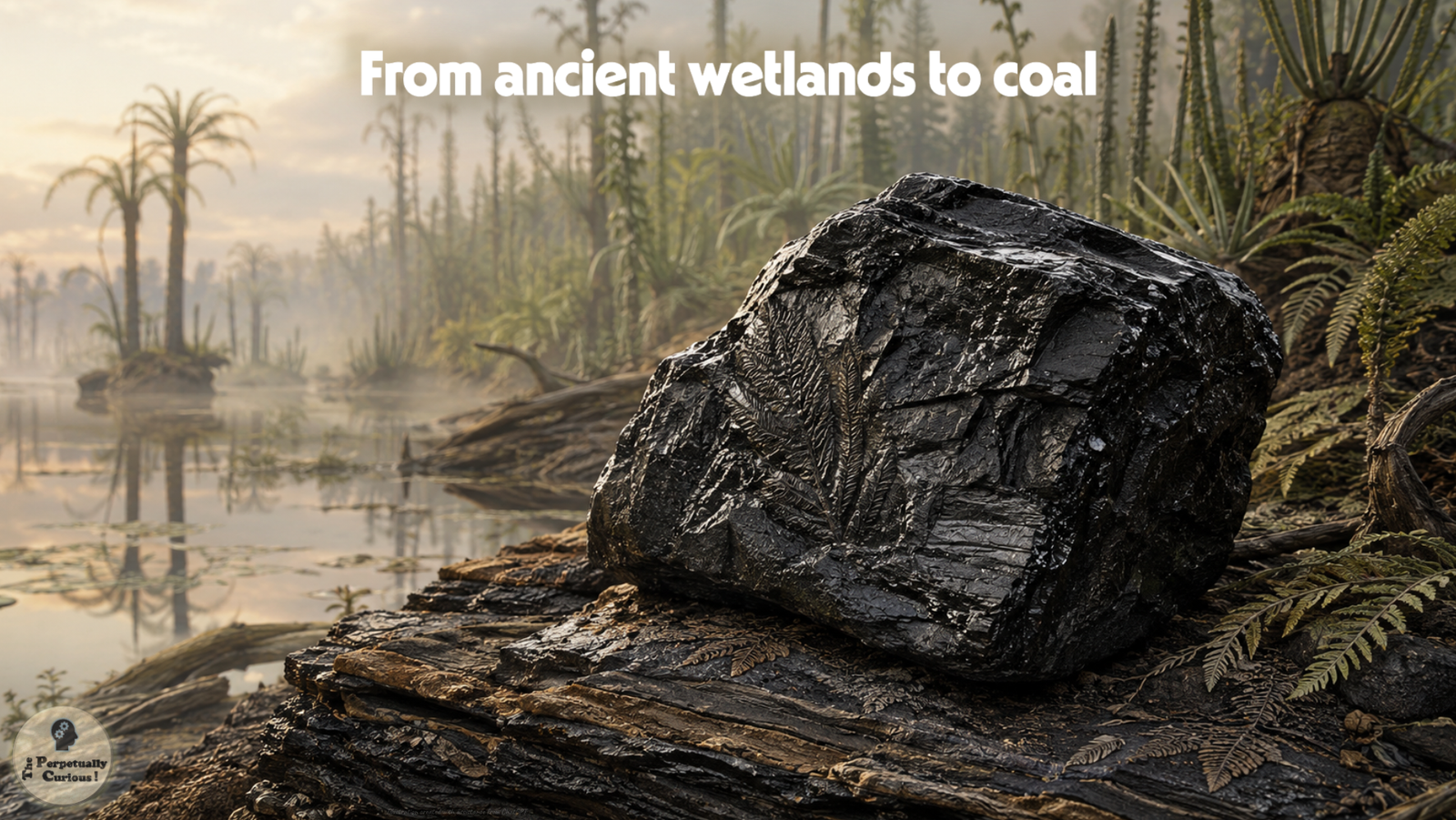 Photorealistic view of a dark coal piece beside an ancient swamp, with layered sediment, fern-like vegetation, still water, and faint plant impressions suggesting its geological origin.