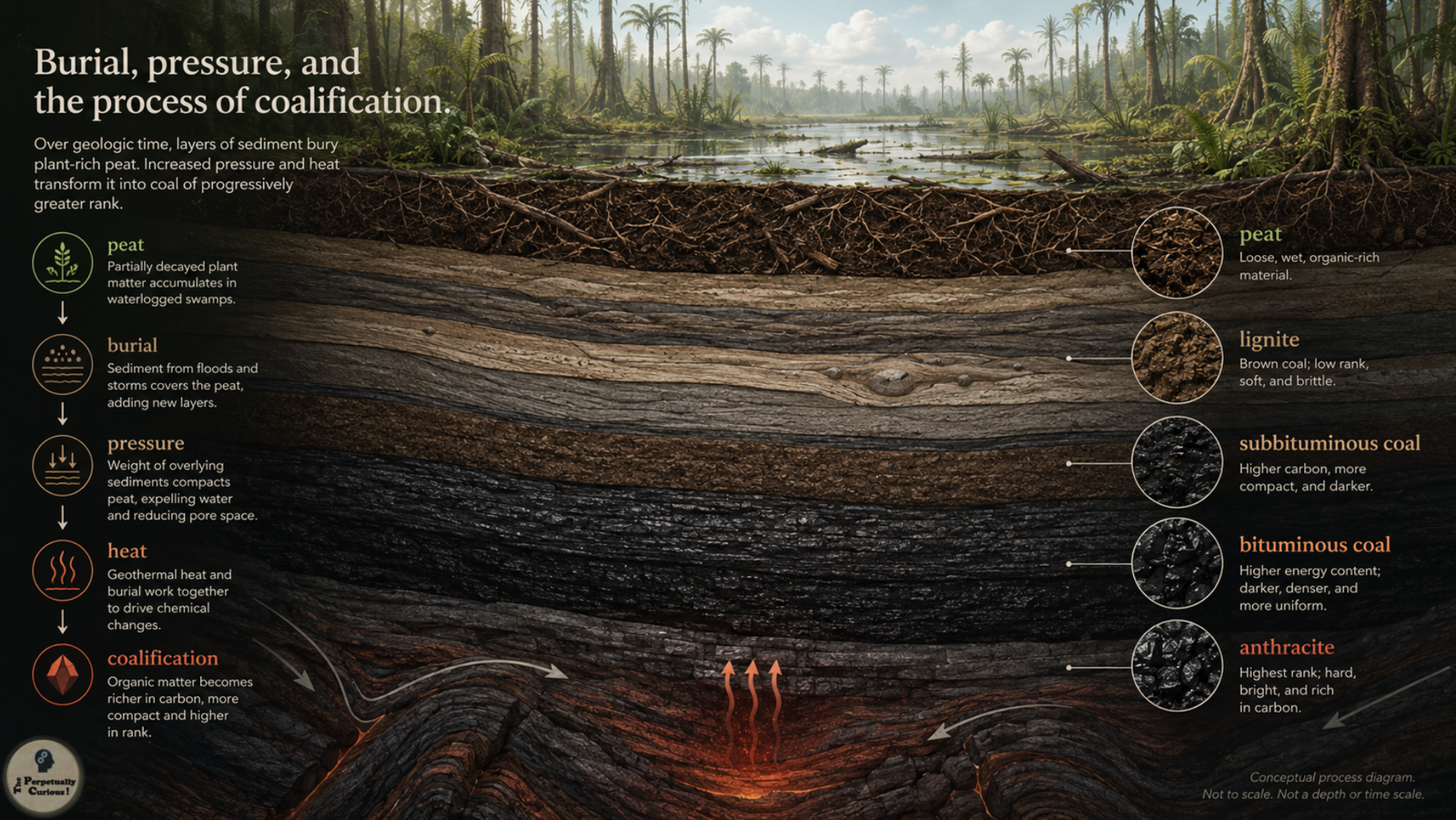 Cutaway illustration showing peat in an ancient wetland buried beneath sediment and transformed by pressure, heat, and coalification into higher-rank coal, with rank progression shown conceptually rather than as a fixed depth scale.