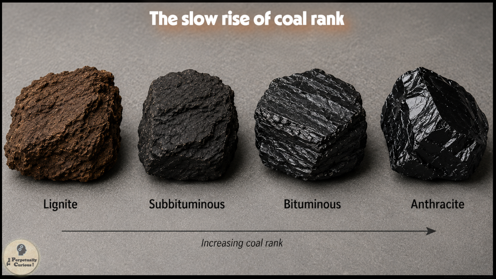 Specimen rendering of lignite, subbituminous coal, bituminous coal, and anthracite arranged from lower to higher rank, showing increasing darkness, density, and sheen.