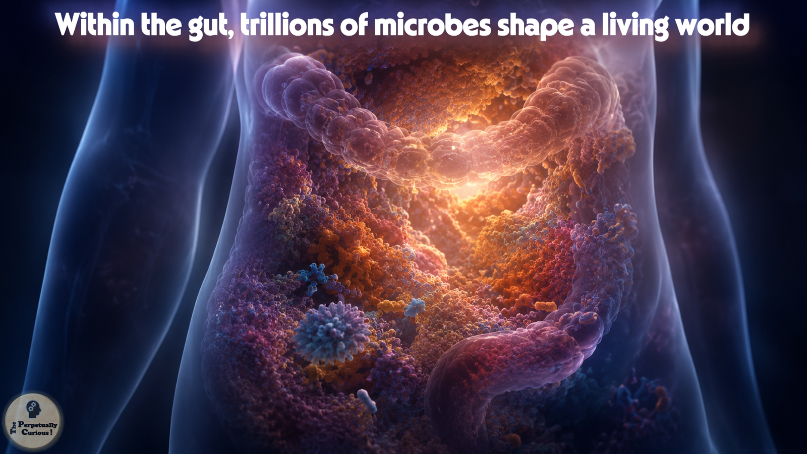 Illustration of a deidentified human torso with a luminous microbial community concentrated within the intestines, presenting the gut as a densely inhabited internal ecosystem.