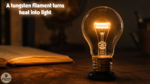 Photorealistic view of a glowing incandescent bulb with its tungsten filament visible inside the glass, casting warm amber light into a dark, quiet setting.
