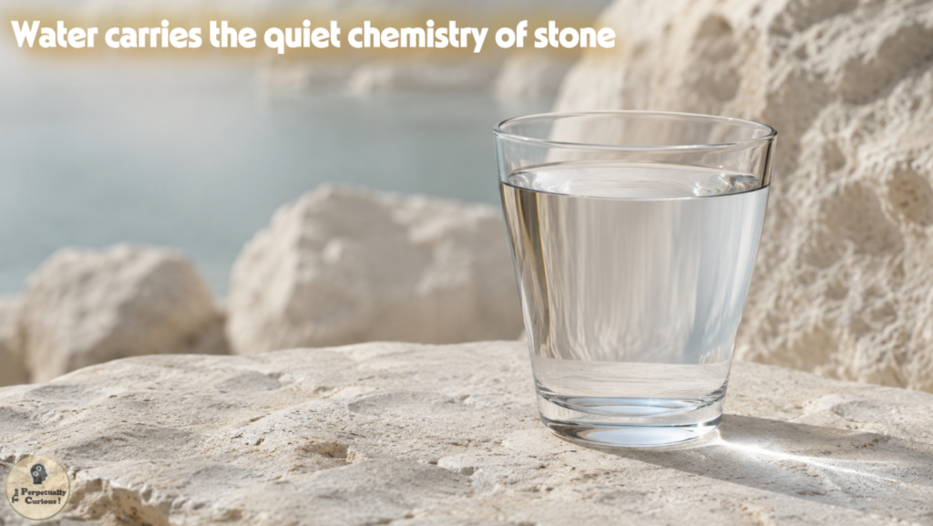 Photorealistic view of clear water beside pale mineral-bearing stone, reflecting how dissolved calcium and magnesium can remain invisible within water.