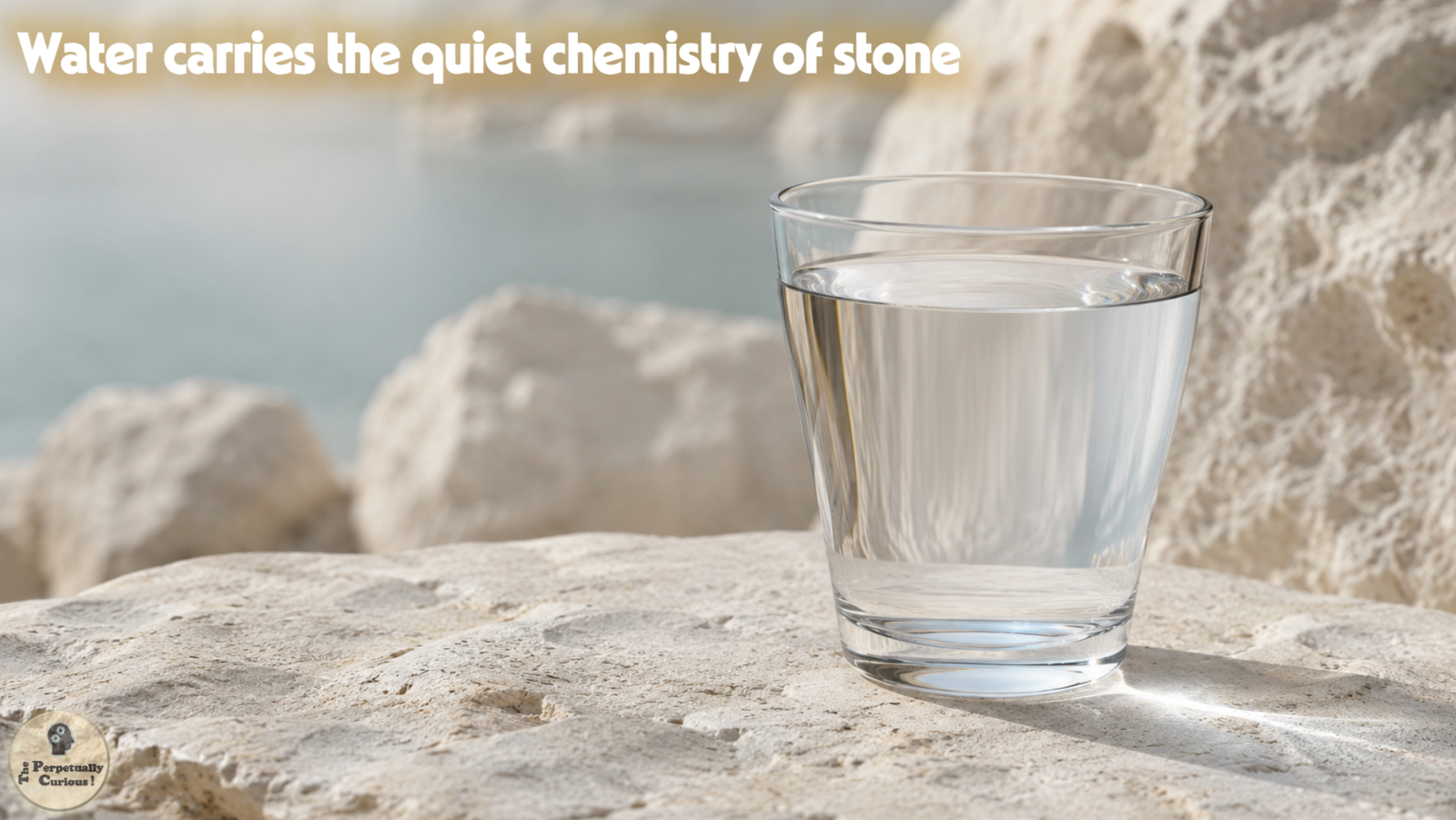 Photorealistic view of clear water beside pale mineral-bearing stone, reflecting how dissolved calcium and magnesium can remain invisible within water.