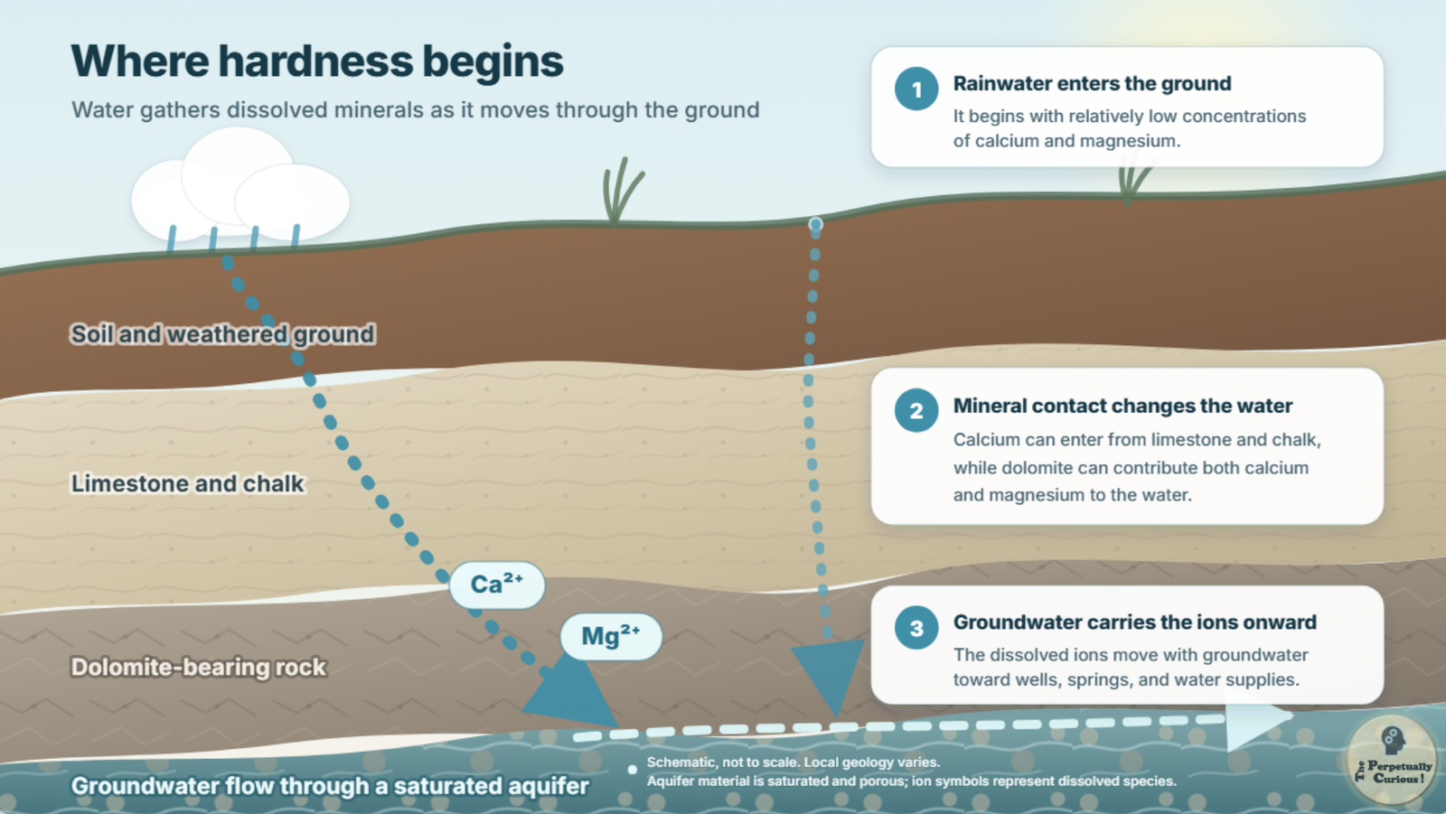 Geological illustration showing rainwater moving through soil, limestone, chalk, and dolomite-bearing rock before carrying dissolved calcium and magnesium into a saturated aquifer.