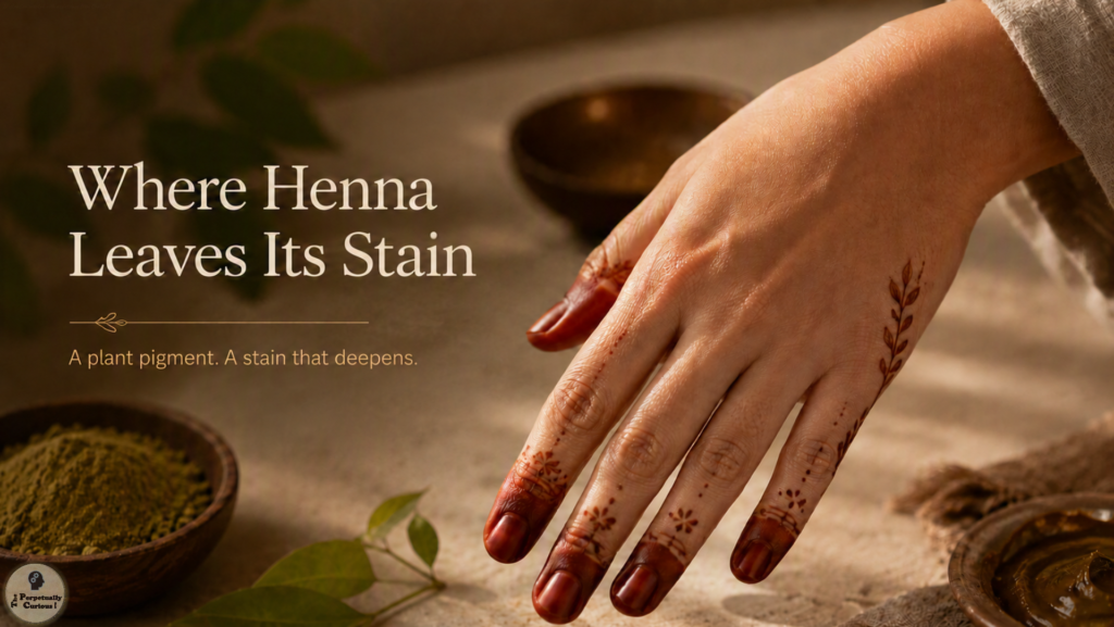 Photorealistic view of the back of a hand with reddish-brown henna on the fingertips and fine floral patterns, beside henna leaves, powder, and paste, with the text “Where Henna Leaves Its Stain” and “A plant pigment. A stain that deepens.”