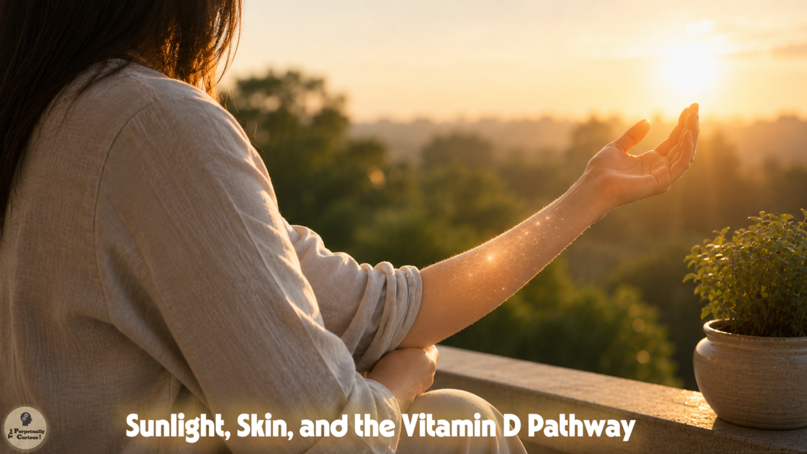 Photorealistic view of an outstretched forearm meeting warm sunlight above a green landscape.