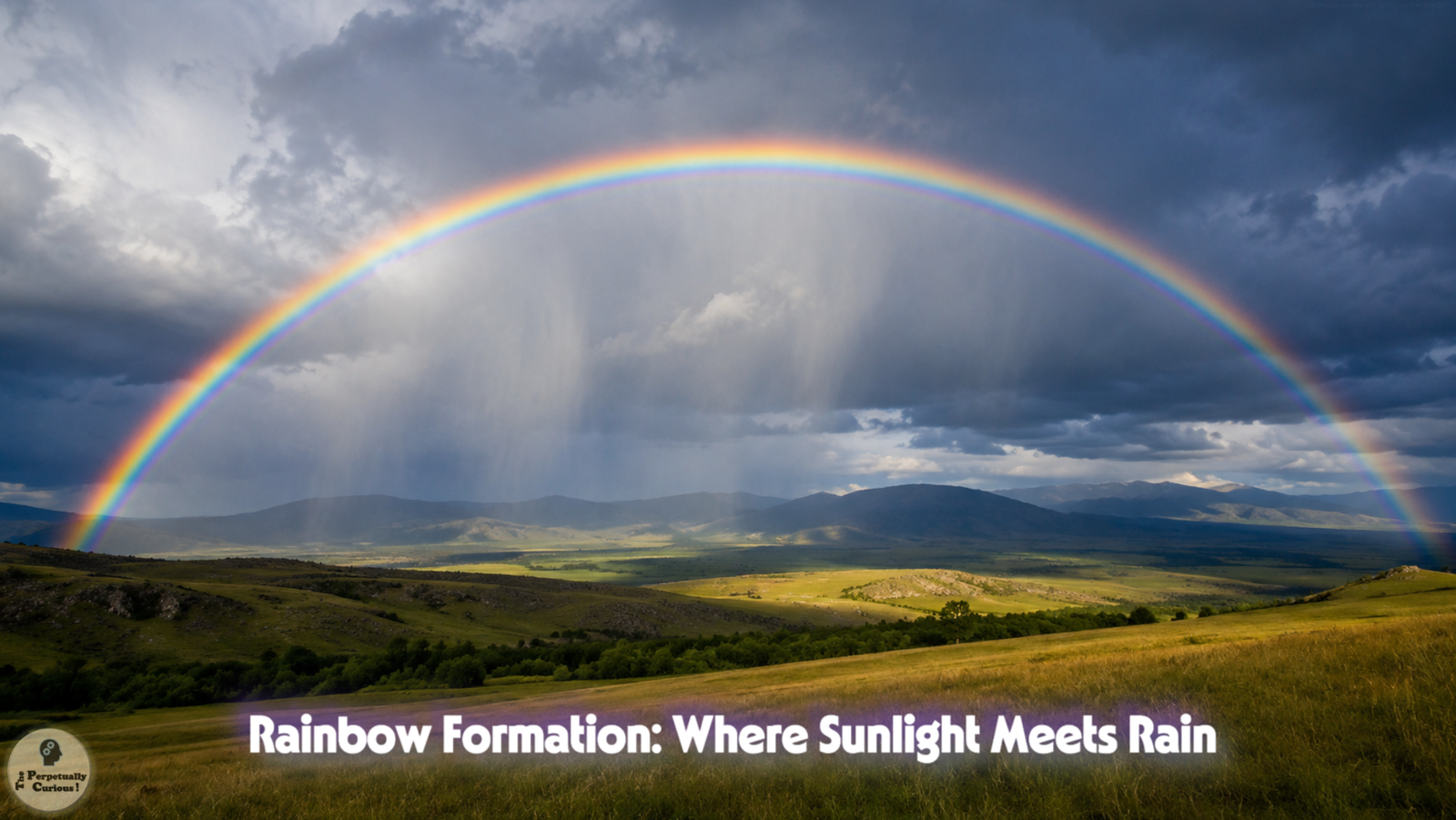 Photorealistic view of a single primary rainbow spanning a rain-darkened valley as sunlight returns beneath layered storm clouds.
