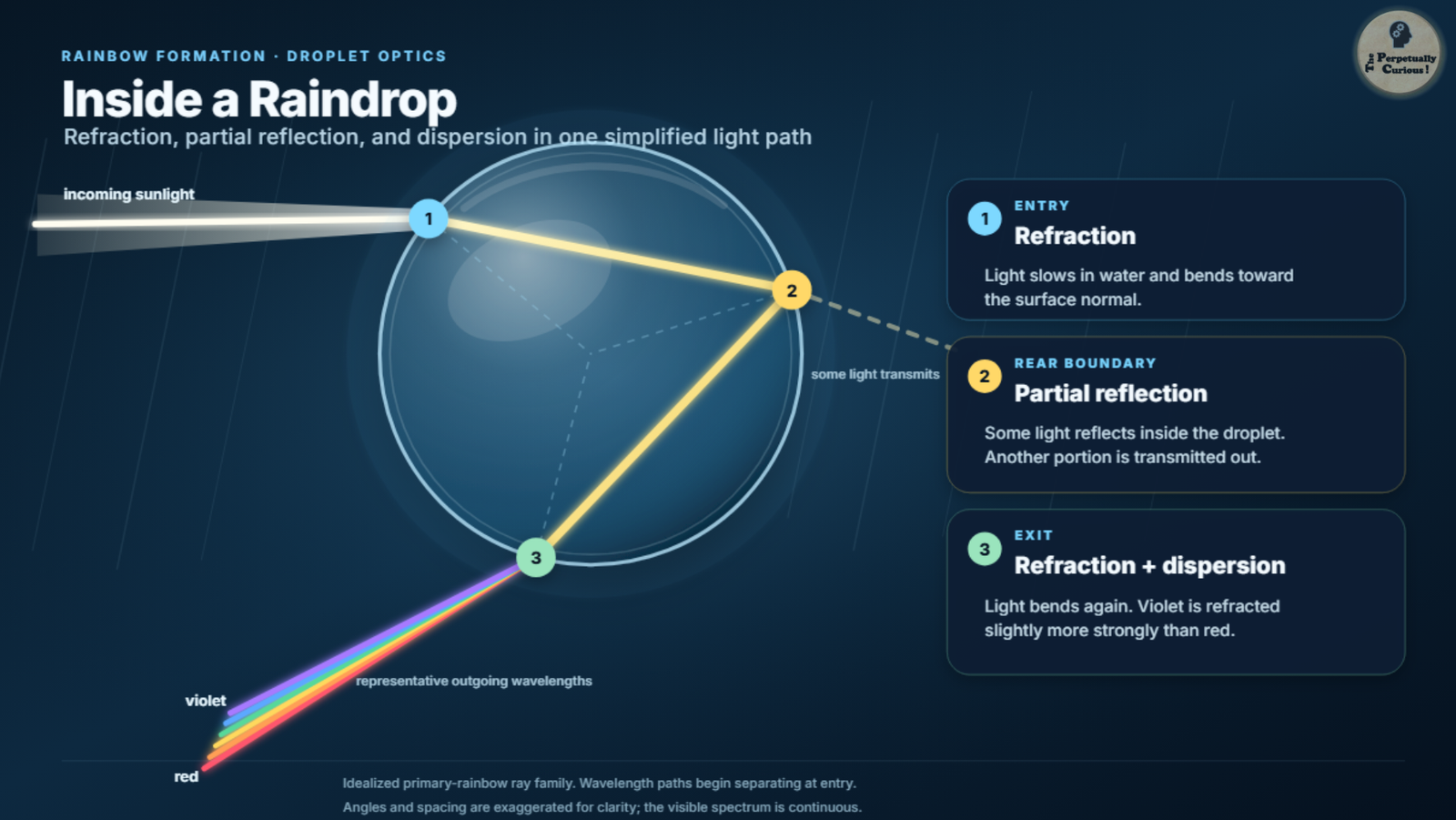 Scientific diagram showing sunlight refracting into a spherical raindrop, separating by wavelength, partially reflecting at the rear boundary, and refracting outward as colored light.