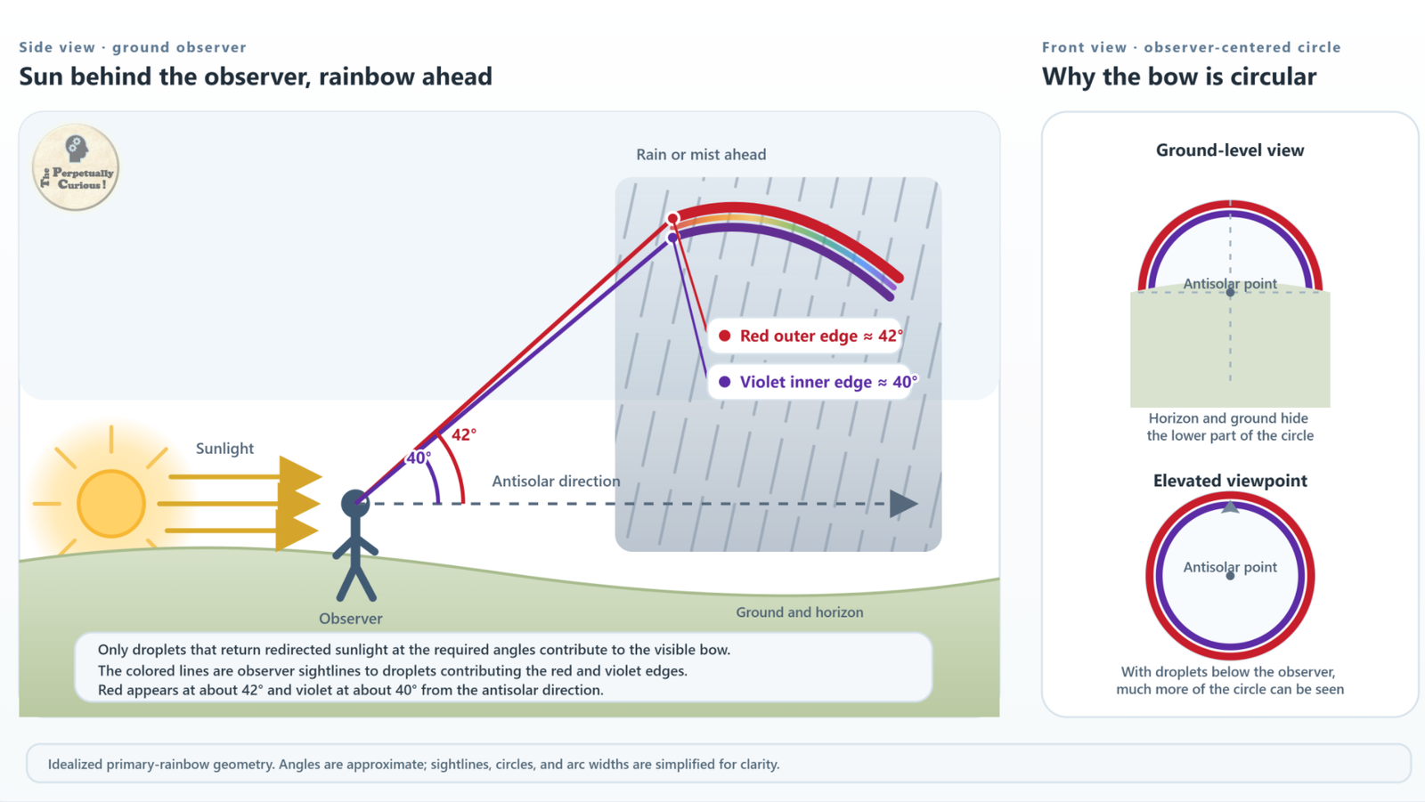 Geometric diagram showing the Sun behind an observer, rain ahead, the antisolar direction, and red and violet sightlines forming the approximately 40 to 42 degree rainbow geometry.