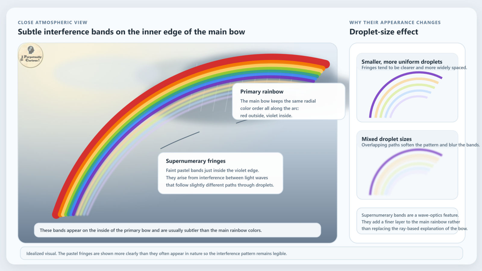 Wave-optics rendering of a primary rainbow with faint supernumerary bands inside its violet edge, alongside comparisons of uniform and mixed raindrop sizes.