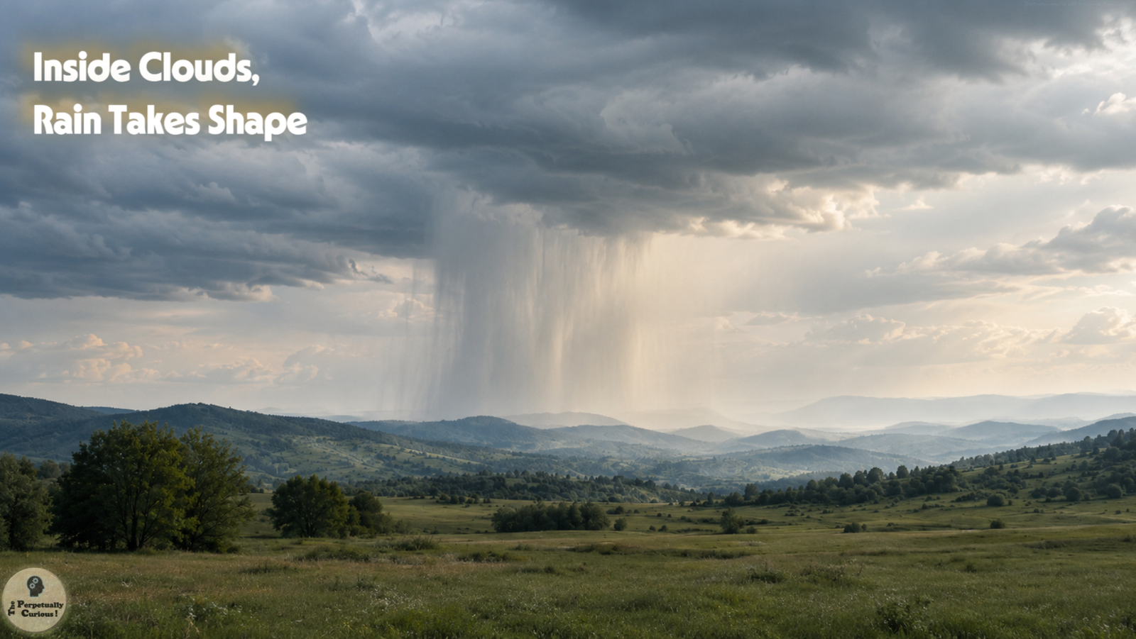 Photorealistic view of a localized rain shaft descending from layered gray clouds over a green valley and rolling hills.