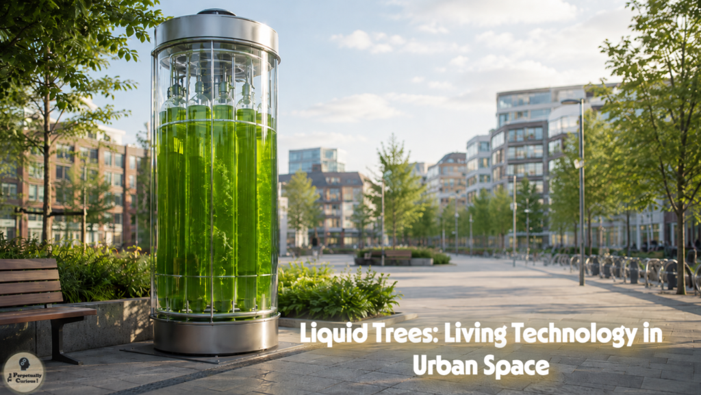 Photorealistic view of a transparent public photobioreactor filled with green microalgal culture in a landscaped urban plaza with trees, seating, and surrounding buildings.