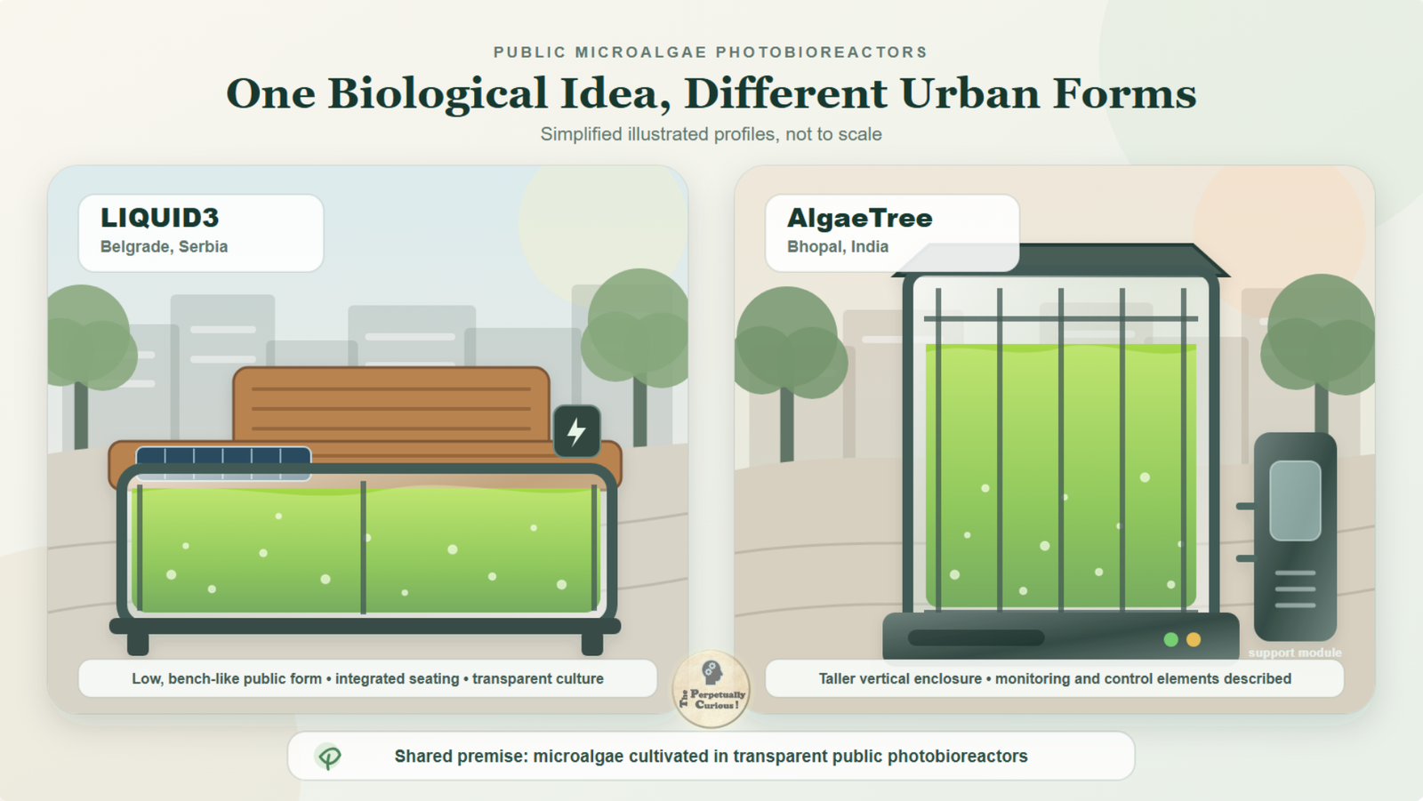 Comparative rendering of the low bench-like LIQUID3 installation in Belgrade beside the taller vertical AlgaeTree form in Bhopal, shown as simplified public-space structures not drawn to scale.
