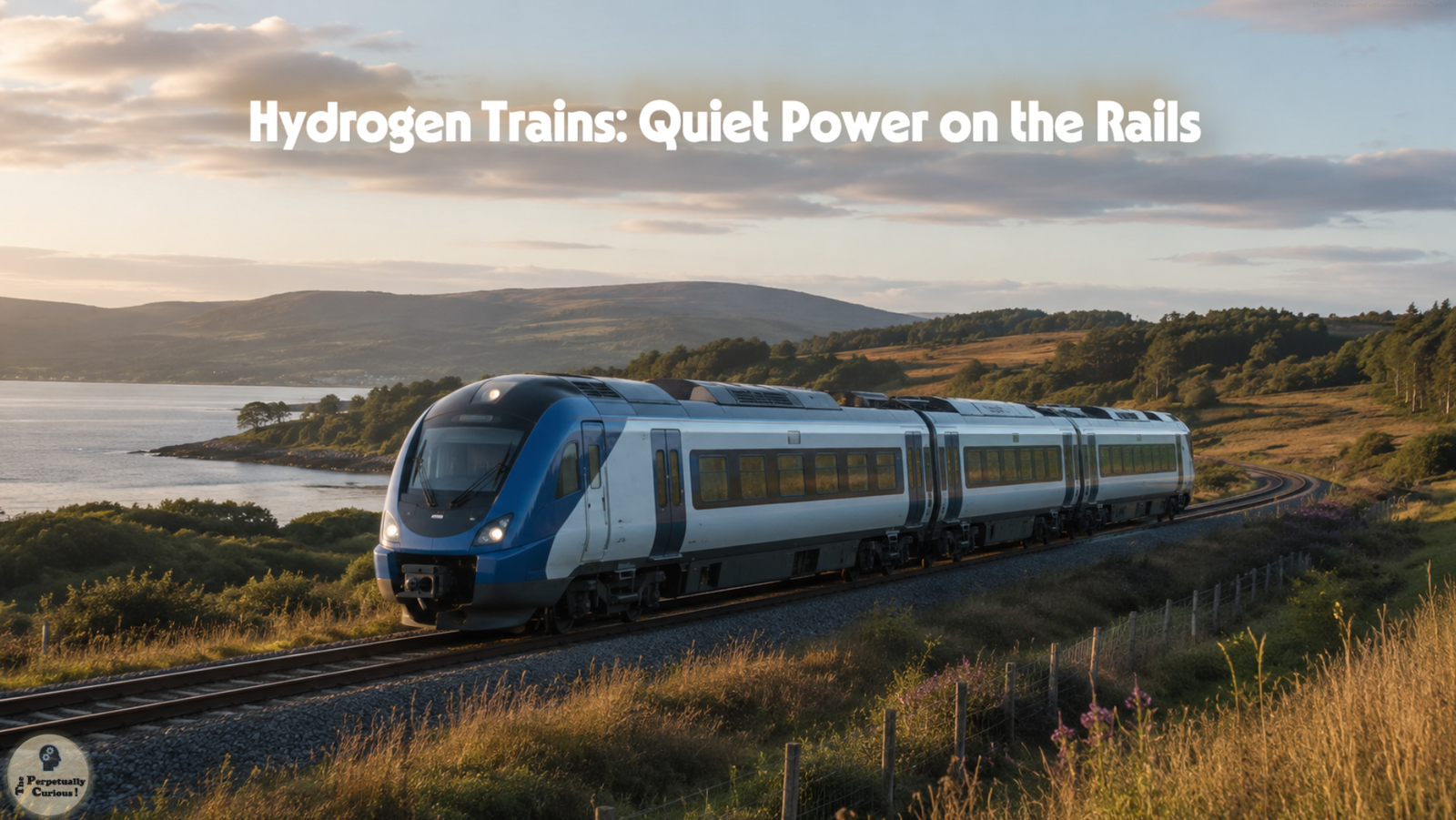 Photorealistic view of a modern regional train traveling along an unelectrified railway through a quiet coastal landscape at sunset.