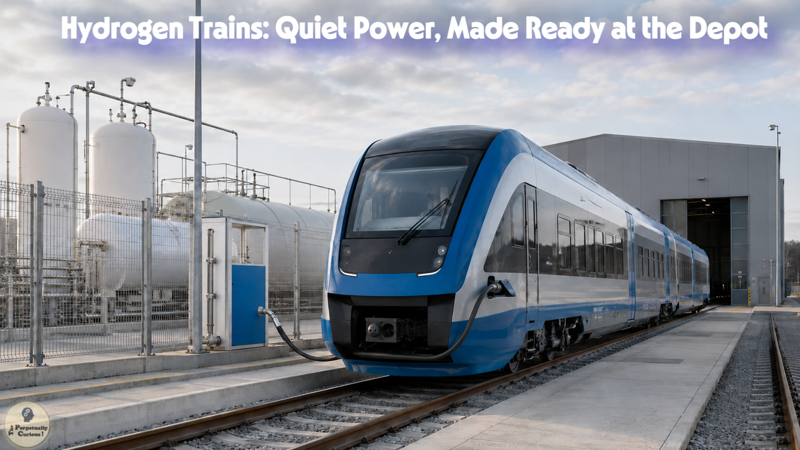 Operational rendering of a stationary hydrogen train connected to a single refueling hose at a regional depot with fenced storage vessels, dispensing equipment, and a maintenance building.