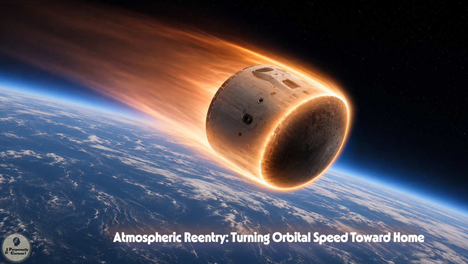 Photorealistic view of a blunt reentry capsule descending above Earth, with a dark ablative heat shield facing the airflow and a luminous shock-heated wake trailing across the upper atmosphere.