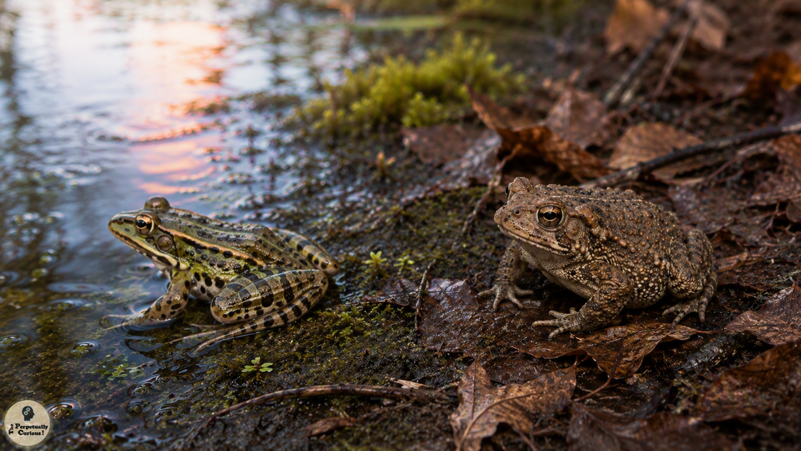 Photorealistic view of a smooth, spotted frog with long folded hind legs at a pond edge beside a stocky, granular-skinned toad on damp leaf litter.