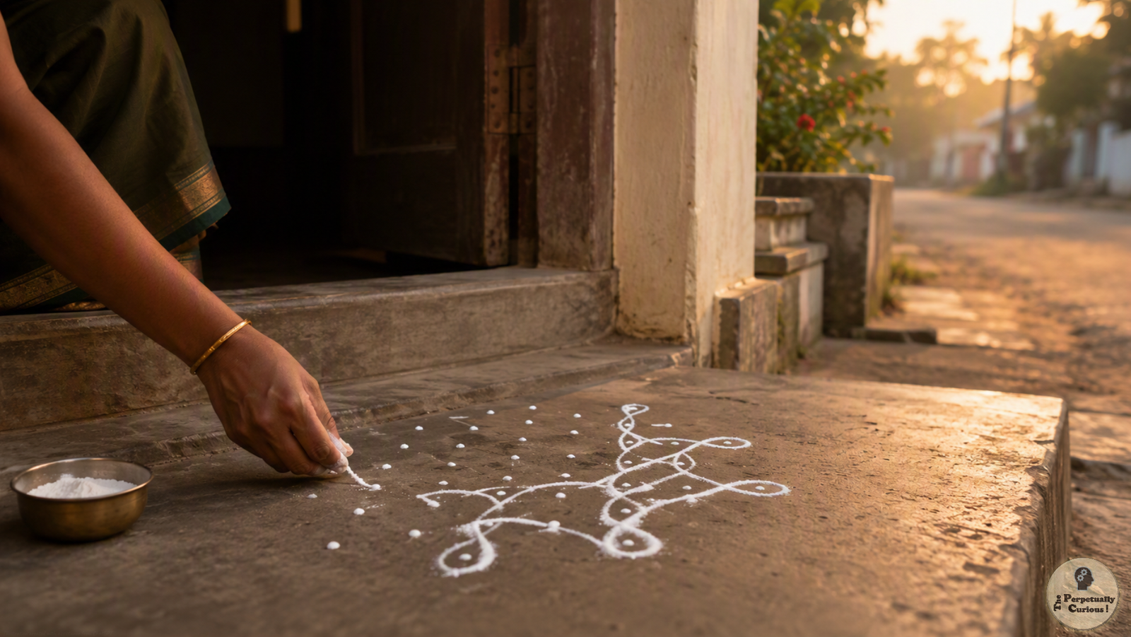 Photorealistic view of an anonymous hand drawing a white dot-grid kolam at a household threshold, with a bowl of powder beside the doorway in warm morning light.