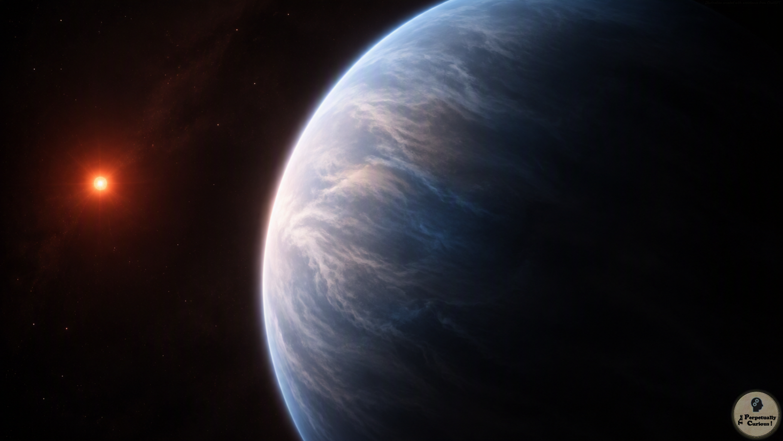 Rendering of a large blue-gray, cloud-covered exoplanet with a bright atmospheric rim, partly shadowed beside a small red star in dark space.